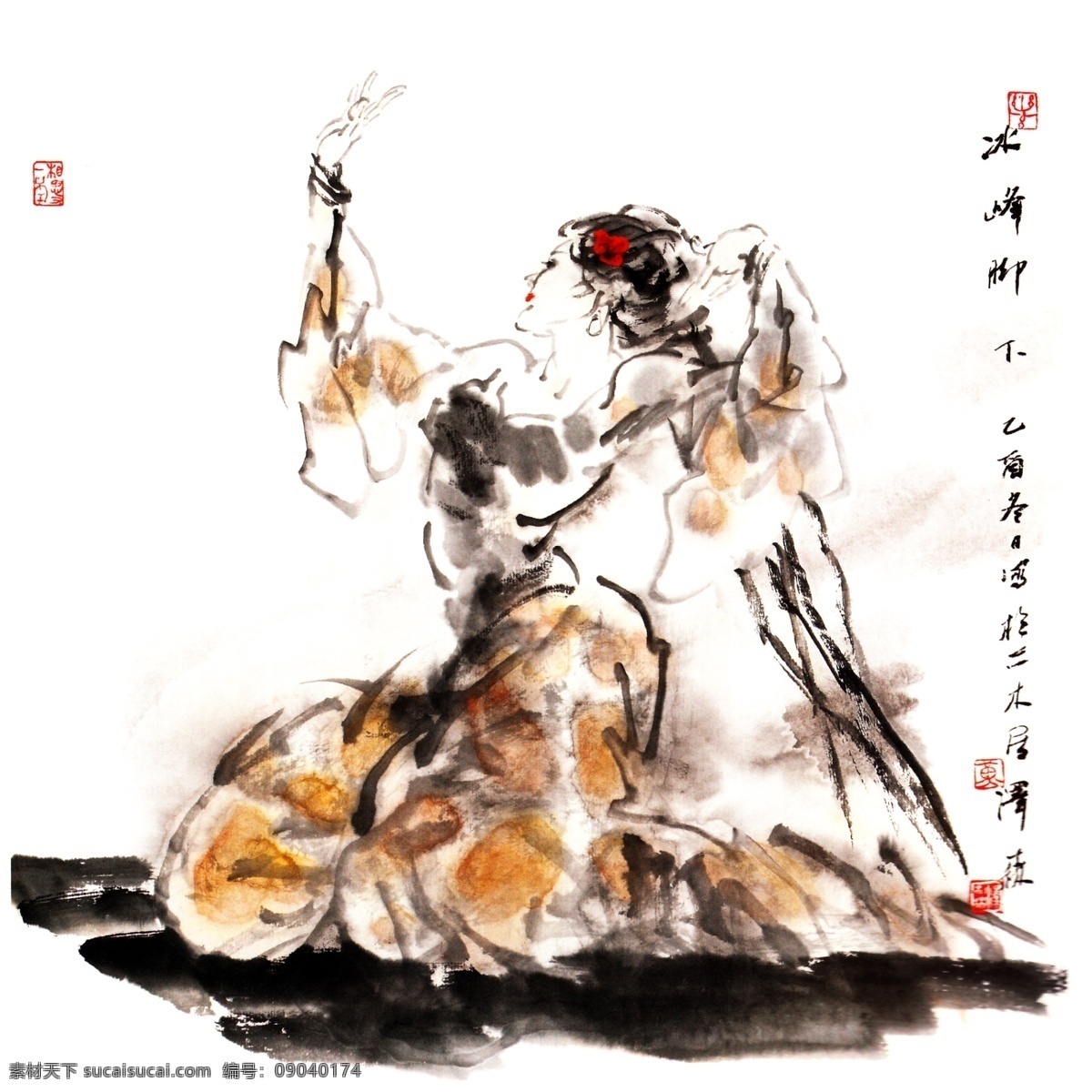 水墨美女图 美女 古装 跳舞 白色