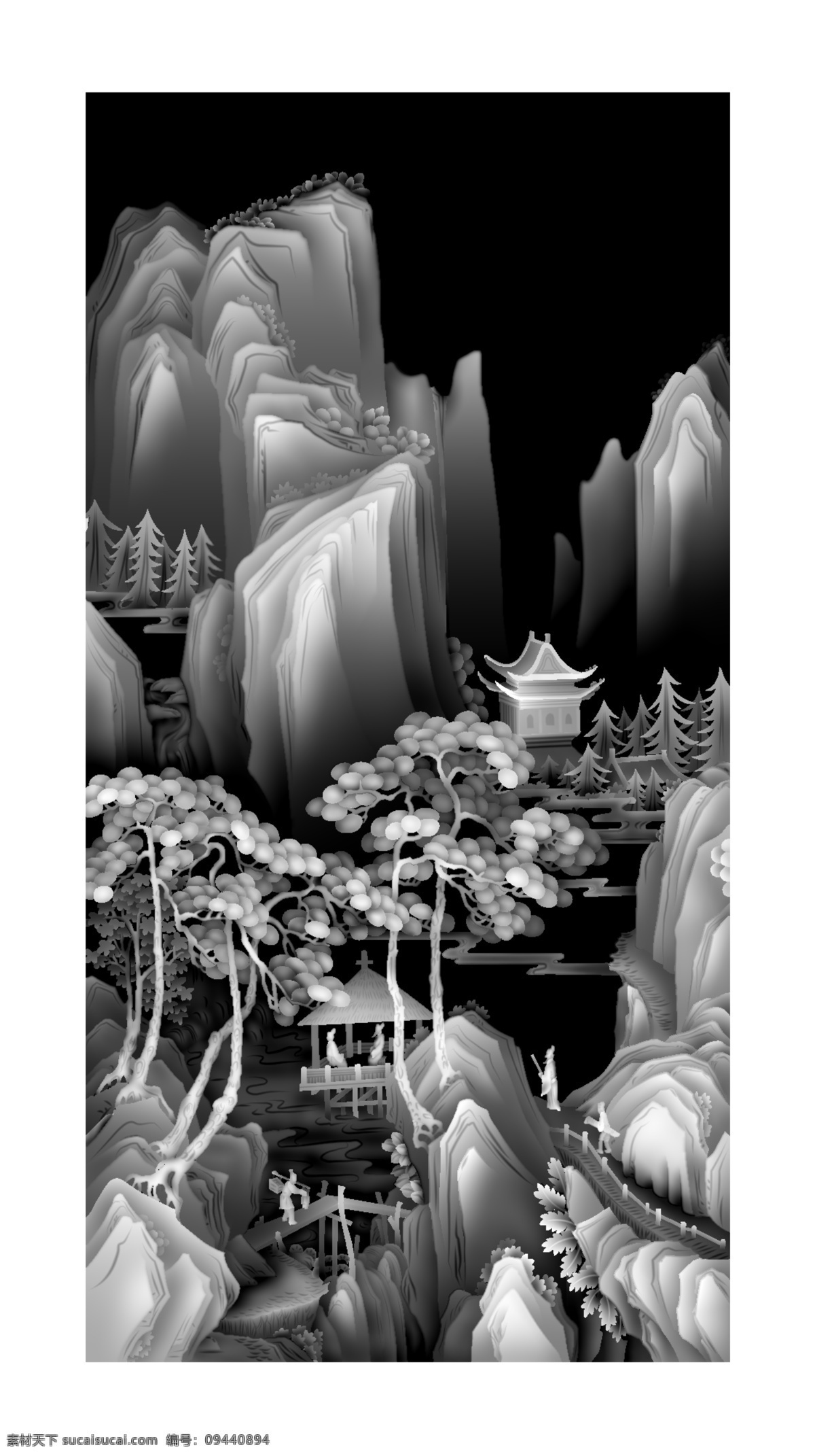 唐伯虎山水 灰度图 雕刻图 精雕文件 红木家具 文化艺术 传统文化 bmp