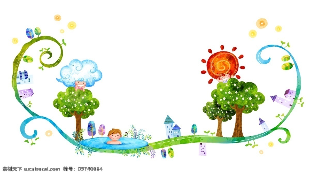 红太阳 免费 插画 绿树 泳池 免费插画素材 psd源文件