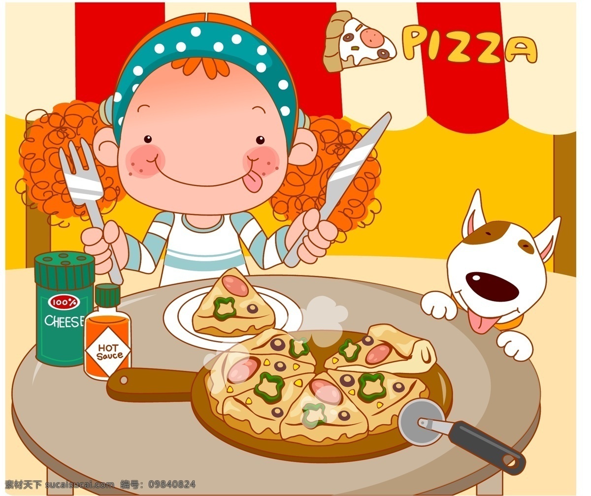 愛 胖 女孩 pizza 卡通 可愛 矢量图 矢量人物