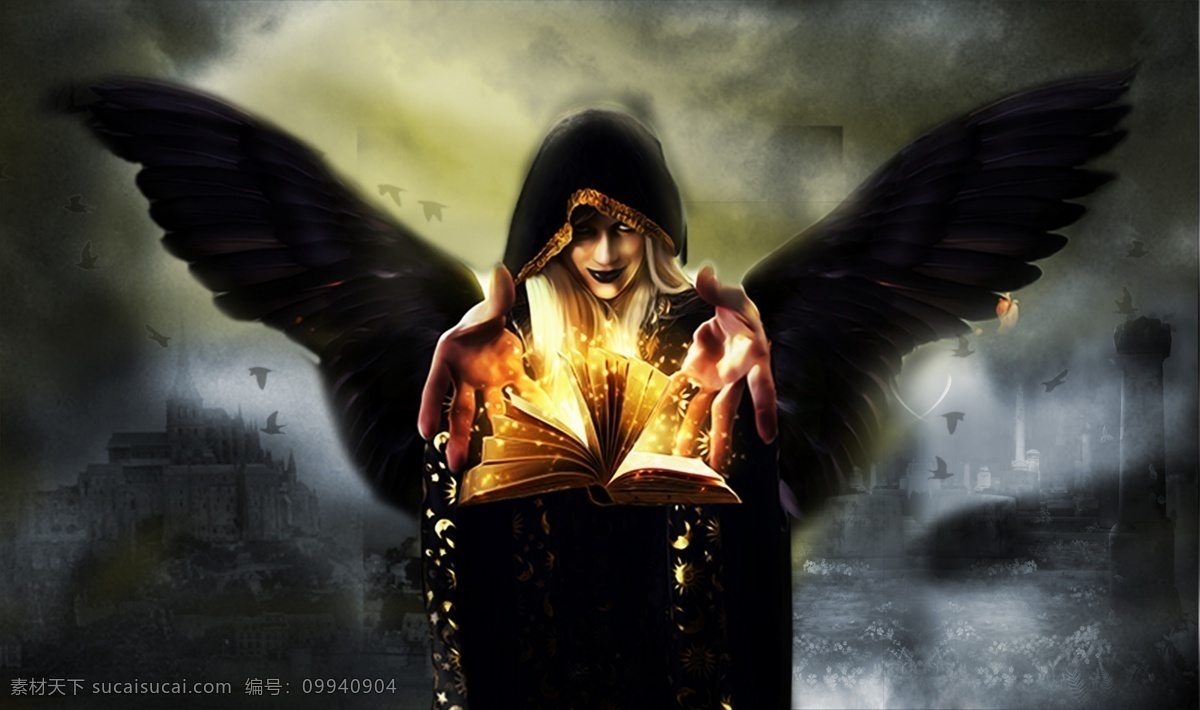 诡异的女巫师 女巫师 金属色 女人 魔幻 魔法 手势 神 书 神奇 翅膀 合成 诡异 背景 海报 灰色 战争 眼神 召唤 催眠 灰暗 城堡 分层