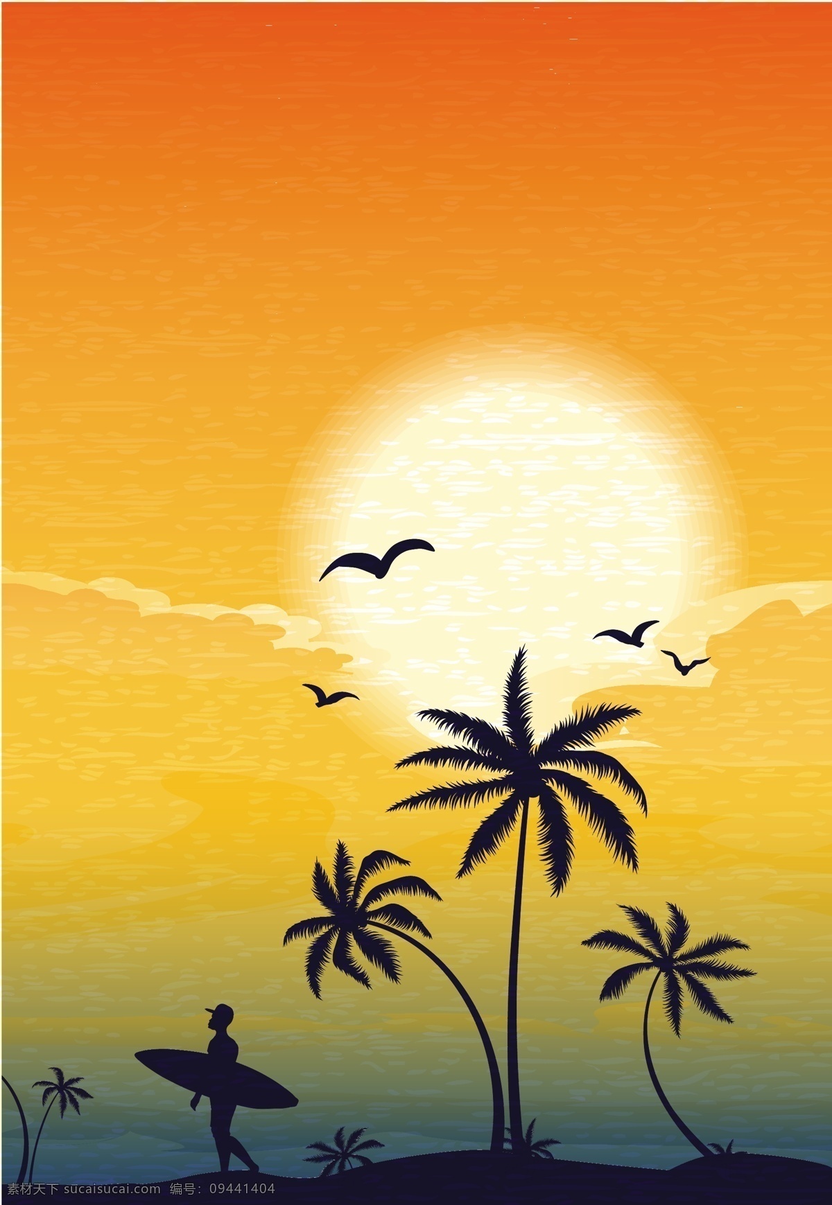 夏日 悠悠 夕阳 冲浪 落日 沙滩 夏天 椰树 矢量图 其他矢量图