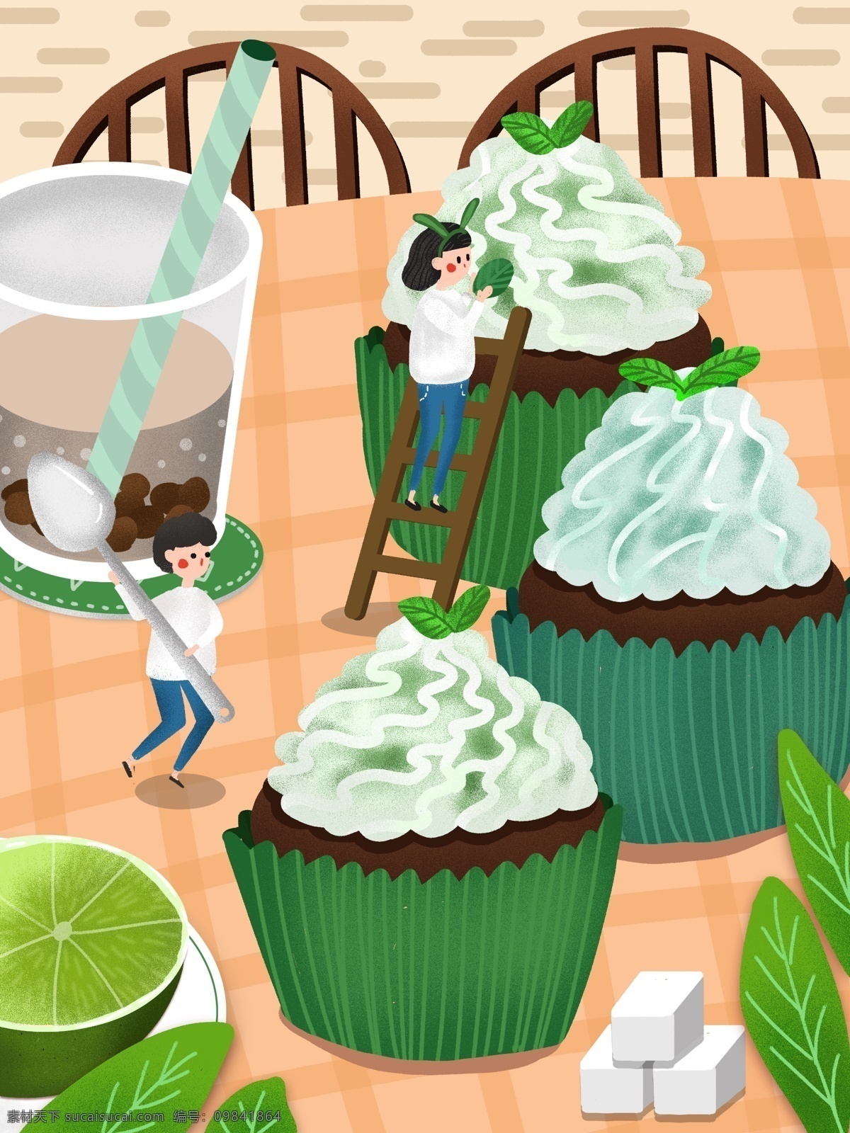 原创 趋势 美食 大作 战 蛋糕 手绘 插画 绿色 奶茶 大作战 背景 柠檬 杯子蛋糕 薄荷