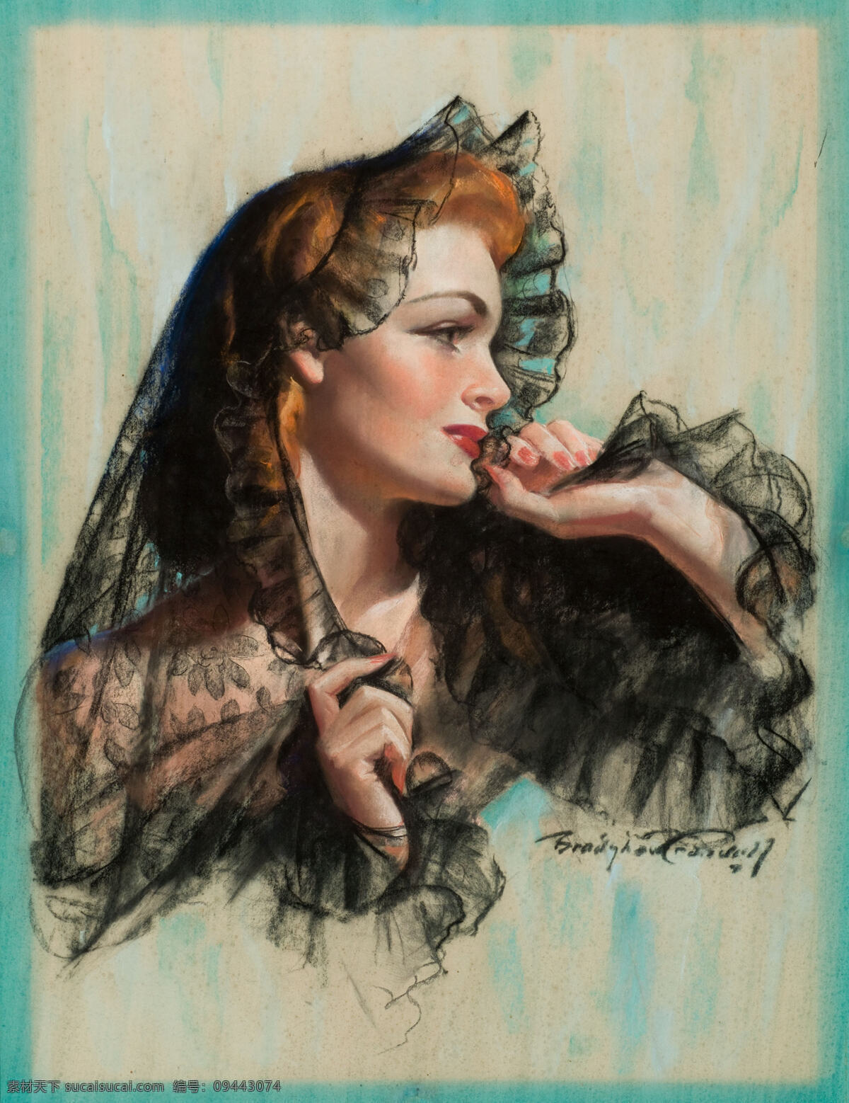 油画美女 油画 唯美 艺术 绘画 美女 纱巾 侧脸 当代油画 绘画书法 文化艺术