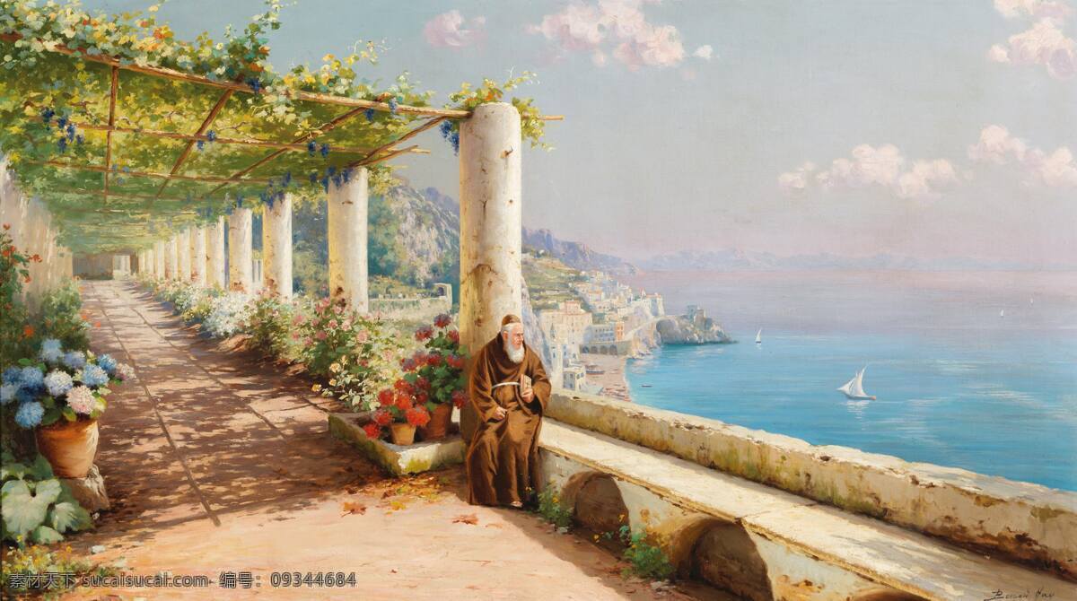 卡普里岛 贝尔纳多作品 意大利境内 旅游渡假 胜地 神父 观景 19世纪油画 油画 文化艺术 绘画书法