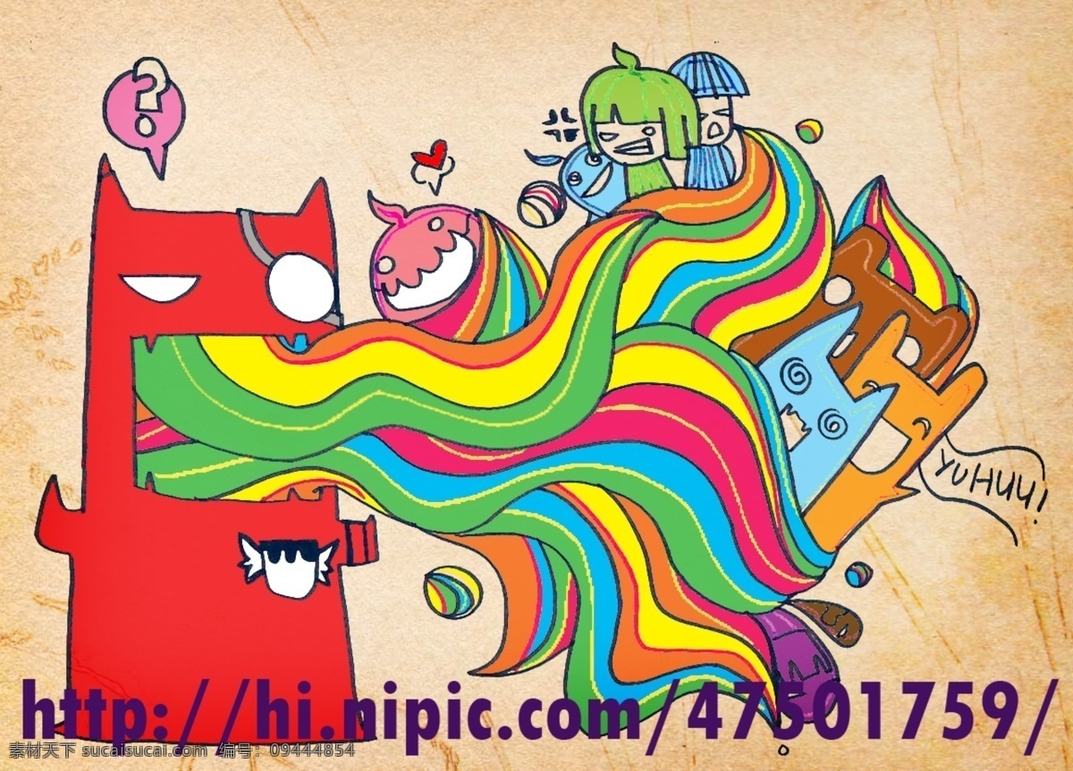 插画 分层 彩虹 彩色 剪影 卡通 猫 艺术 源文件