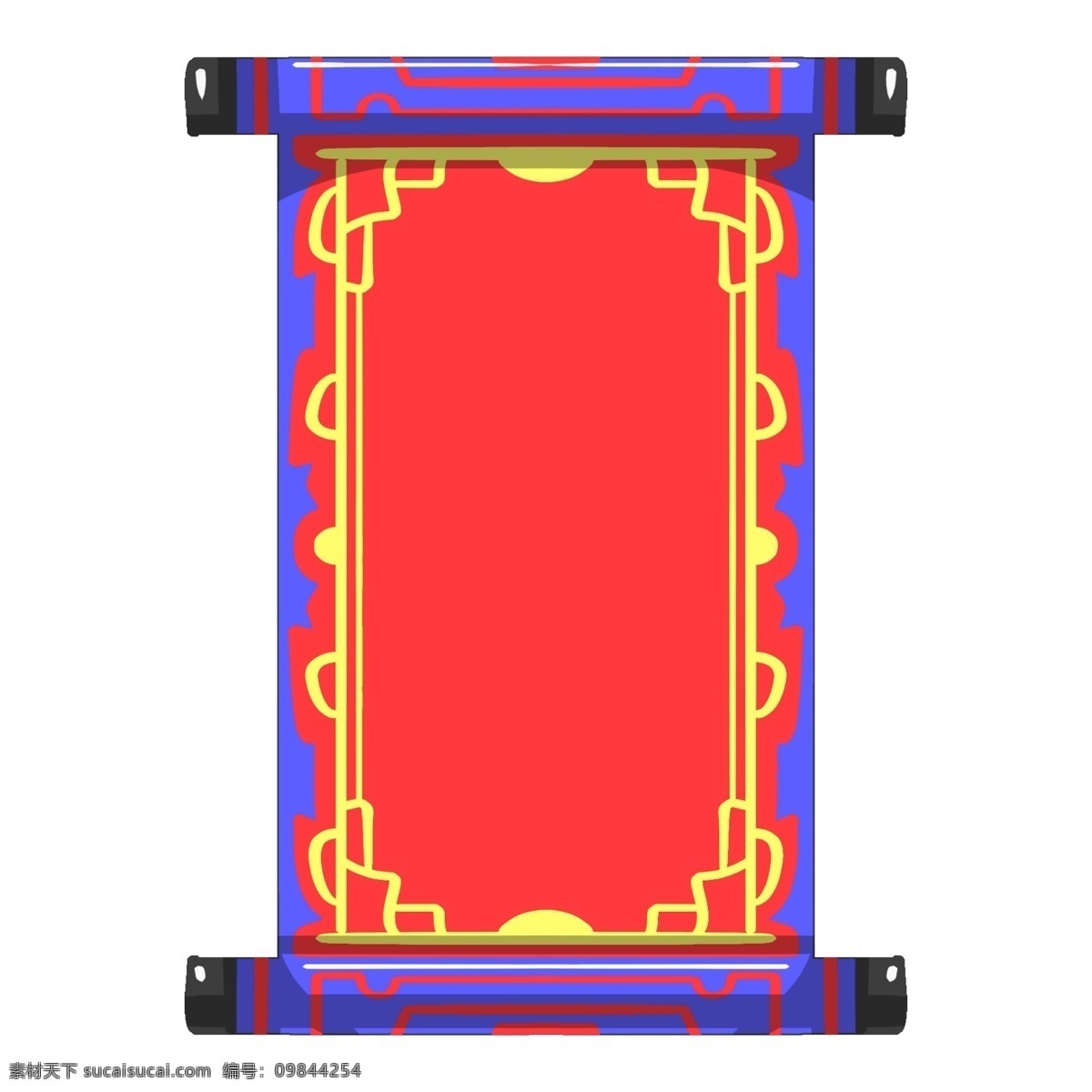 红色 卷轴 边框 插画 手绘卷轴边框 打开的卷轴 红色的底纹 蓝色的花边 创意卷轴边框