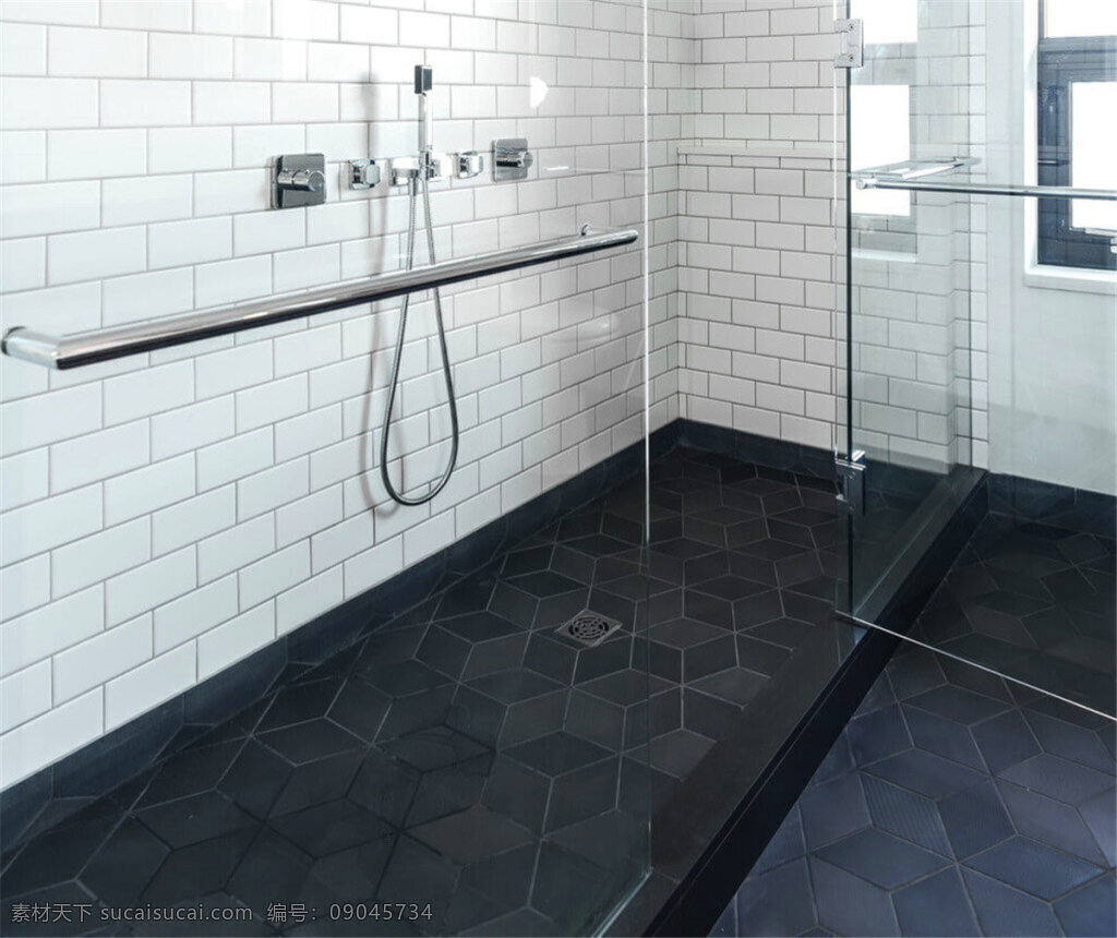 现代 清新 浴室 黑色 地板 室内装修 效果图 浴室装修 卫生间装修 玻璃门 黑色地板 白色背景墙