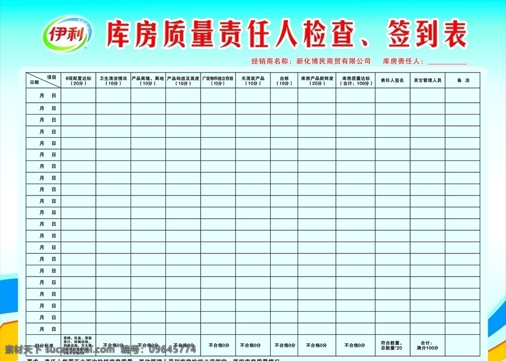 伊利 库房 质量 责任人检查 签到表 分层