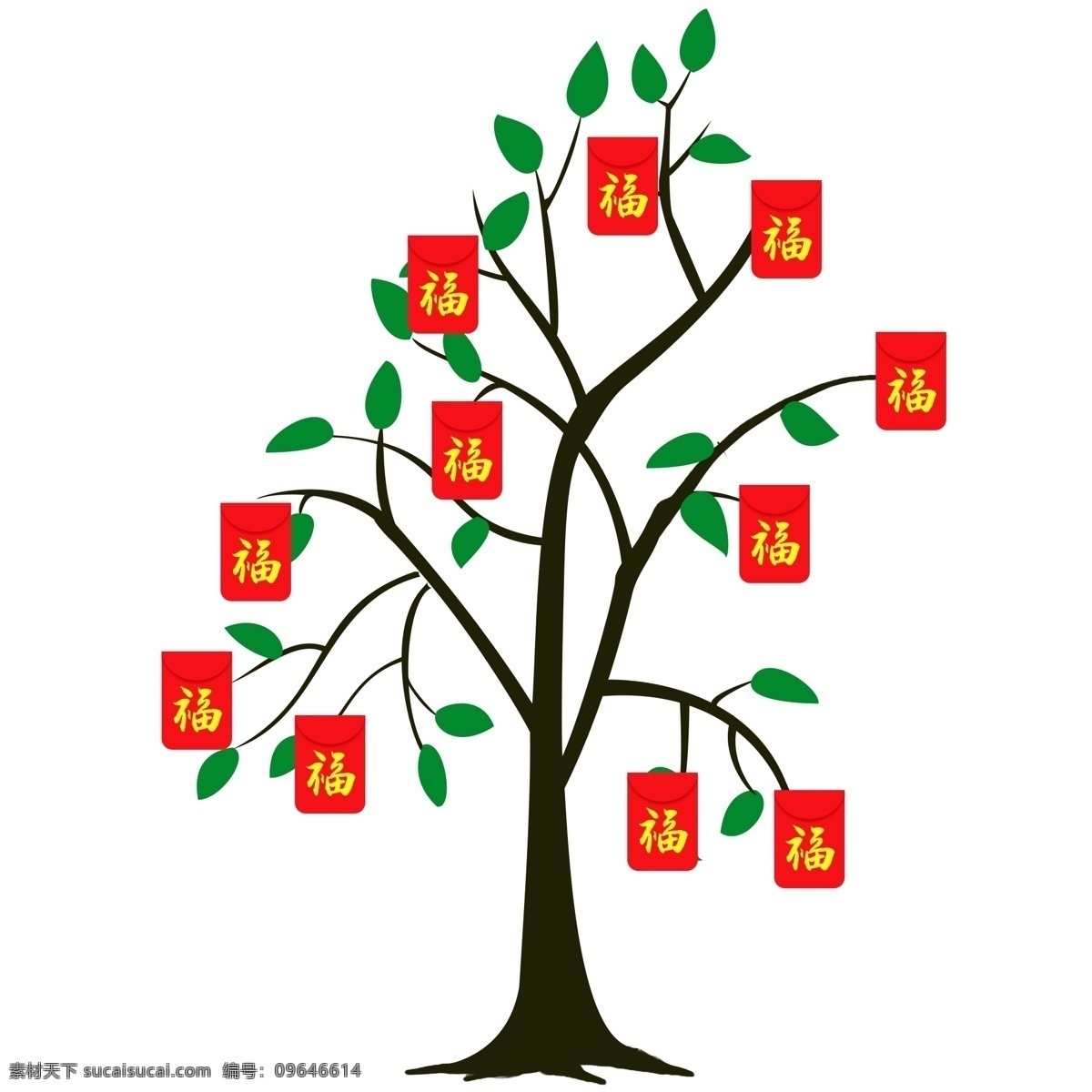 新年 大树 红包 过年 树枝 好运 红色 绿叶 叶子 插画 手绘 祝福 财源滚滚 枝丫