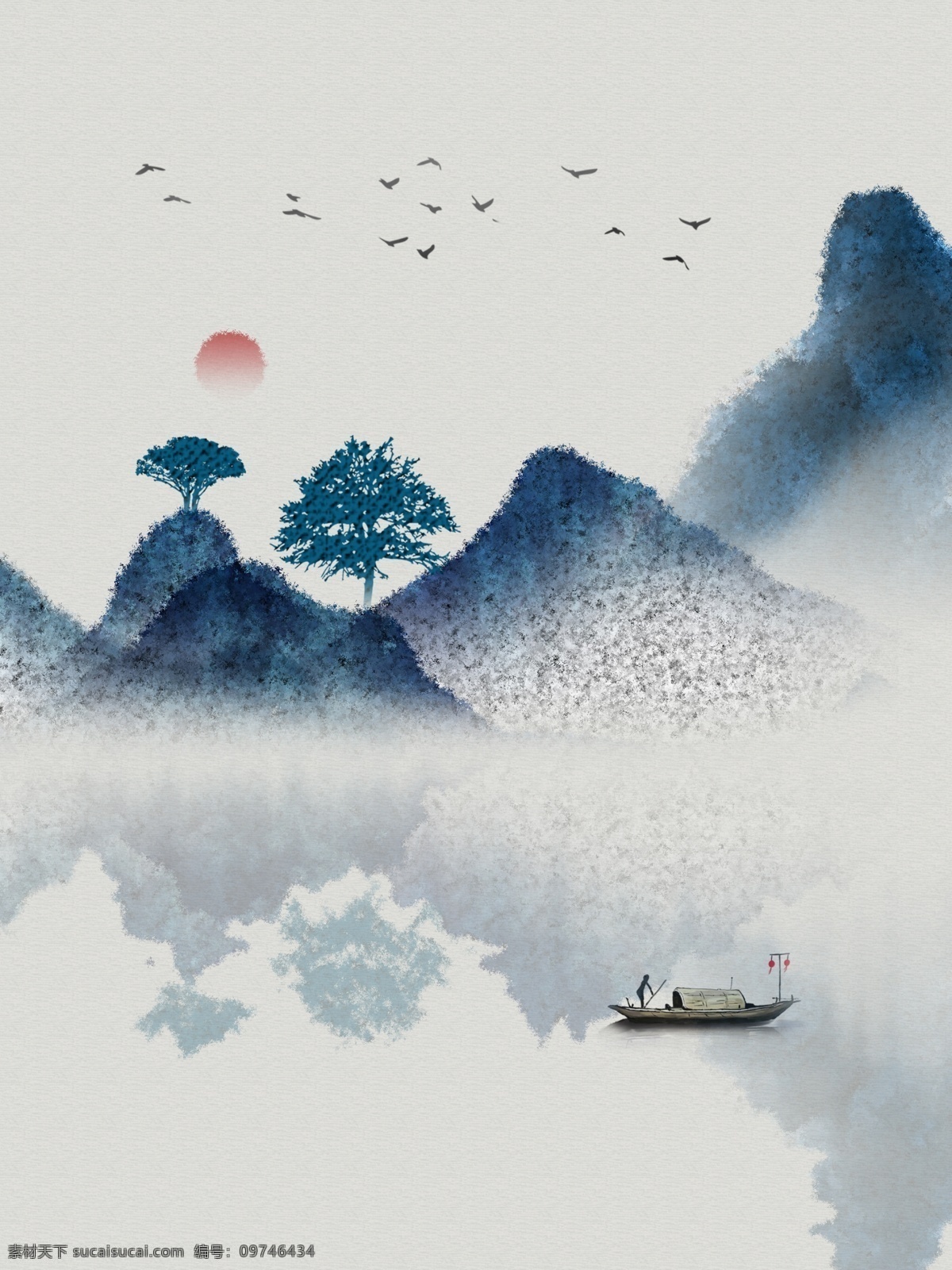中式 禅意 山水 松树 酒店 挂画 装饰画 客厅 湖泊 酒店挂画 艺术装饰 饭店 包间 蓝色水墨山水