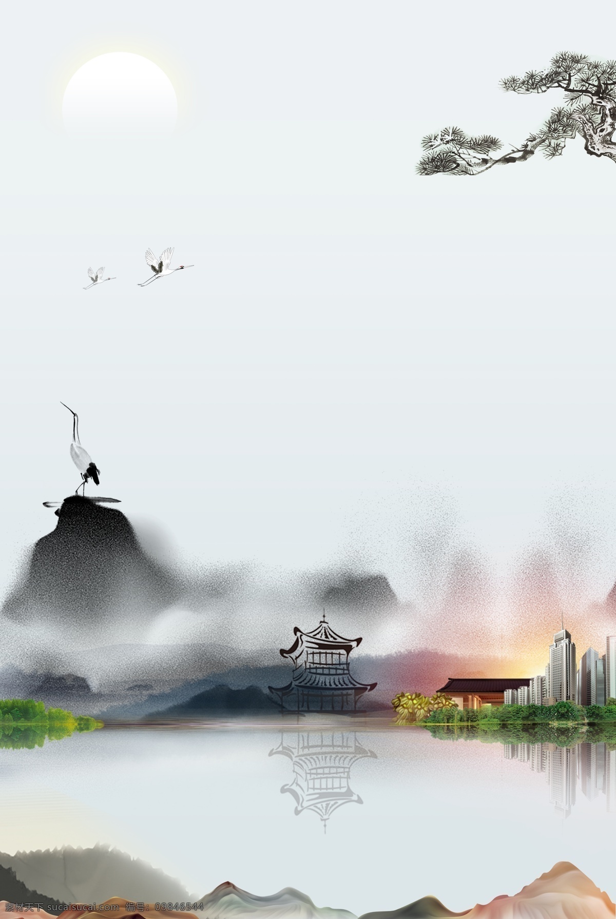 水墨 中国 风 房地产 抽象 合成 海报 别墅洋房 仙鹤 山水 中国风 简约 创意