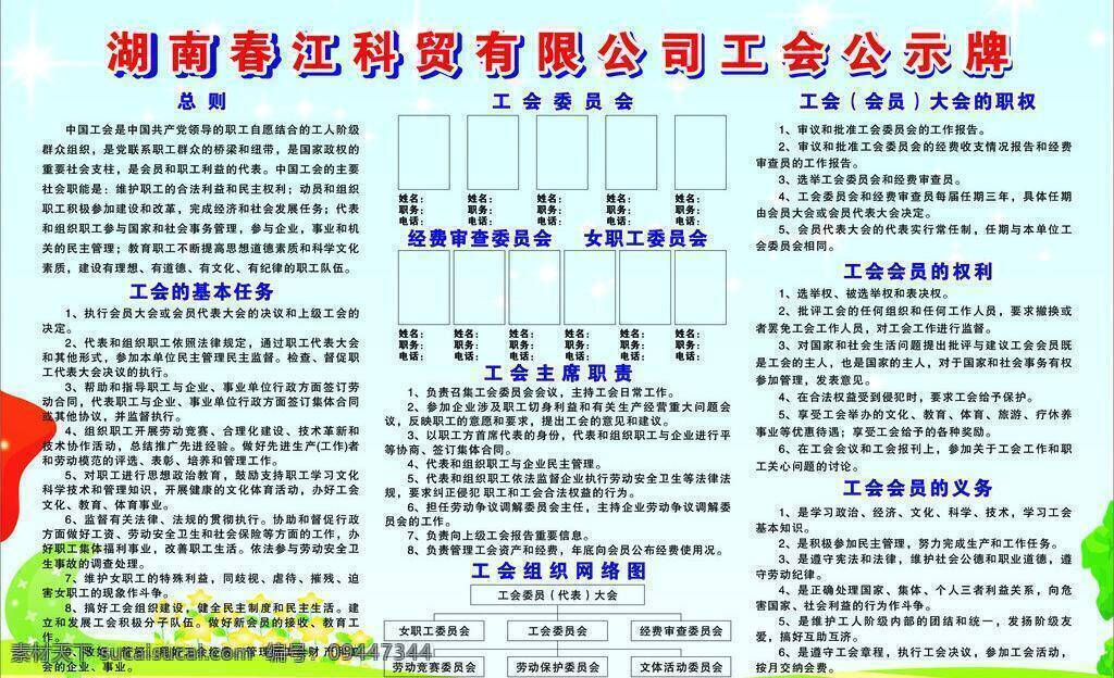 工会宣传栏 蓝天白云 展板模板 工会 委员会 公示牌 宣传栏 工会总则 基本 任务 工会主席职责 工会组织 网络 图 会员 大会 职权 权利 义务 工会委员会 经费 审查 女职工委员会 等等 矢量 其他展板设计