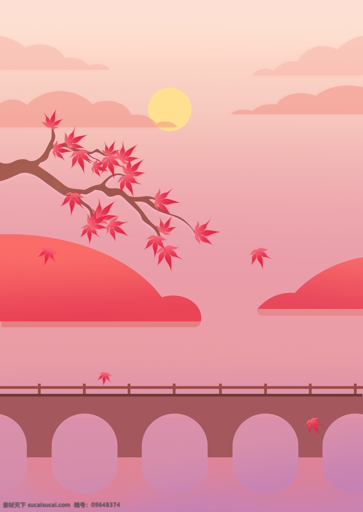 手绘 秋天 海报 背景 简约 立秋 二十四节气 落叶 树木 枫叶 大桥 晚霞