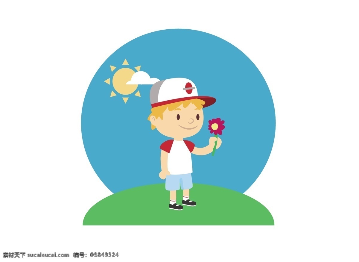 夏日 卡通 帅气 小 男孩 矢量 太阳 蓝色 矢量素材 设计素材 帽子 小红花 平面素材