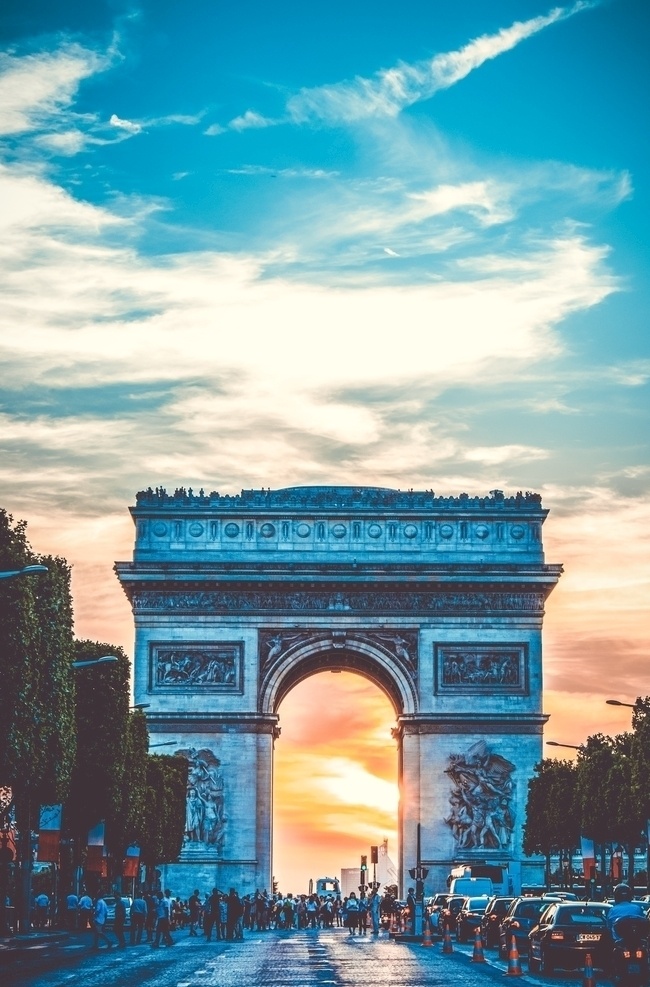 巴黎凯旋门 凯旋门 名胜古迹 夕阳 街道 法国 巴黎 自然景观 风景名胜