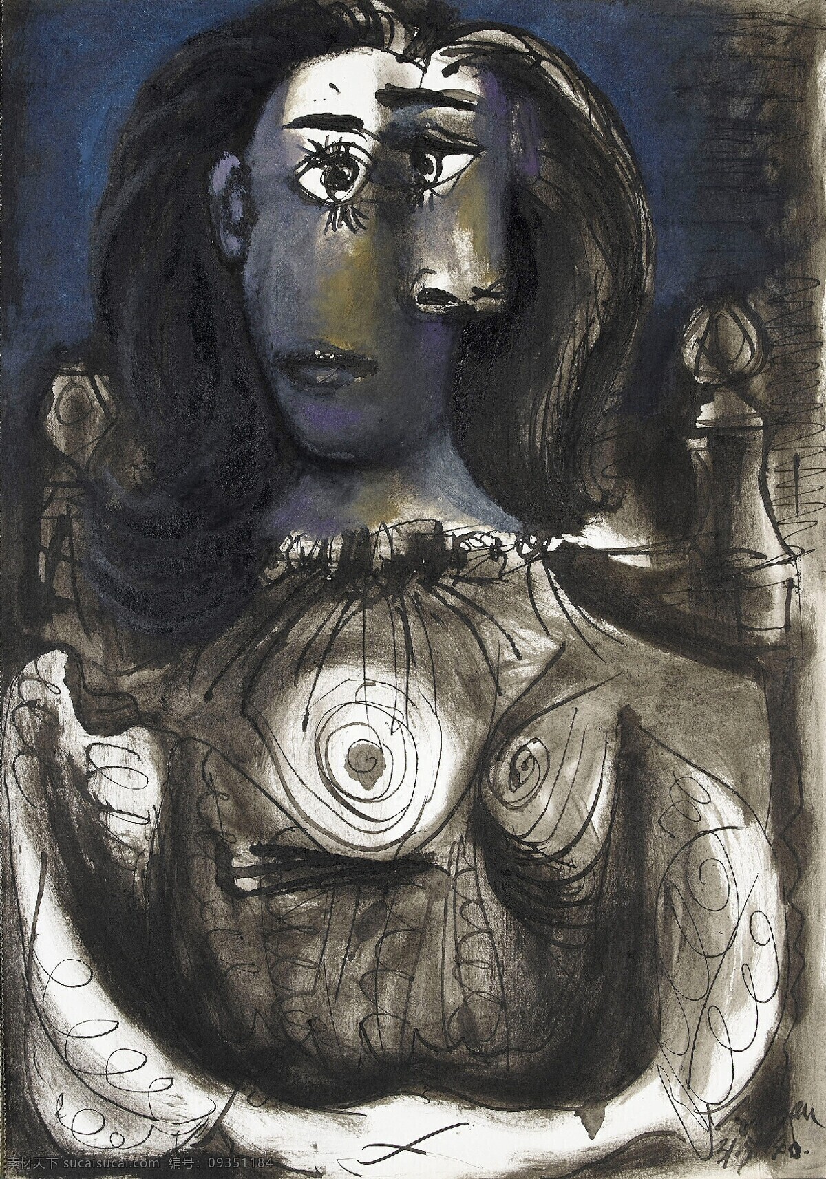 西班牙 画家 巴勃罗 毕加索 抽象 油画 人物 人体 装饰画 fauteuil un dans assise femme 1940 家居装饰素材