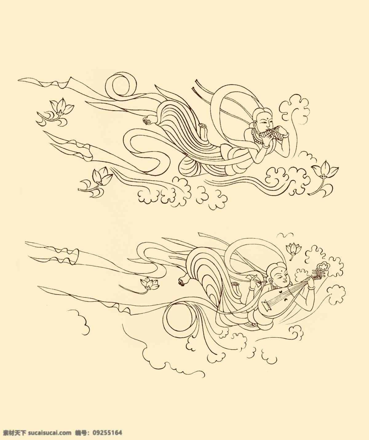 莫高窟 窟 初唐 飞天伎乐 排箫 琵琶 壁画 敦煌 敦煌壁画 飞天 白描 中国画 扁鼓 人物 分层 源文件