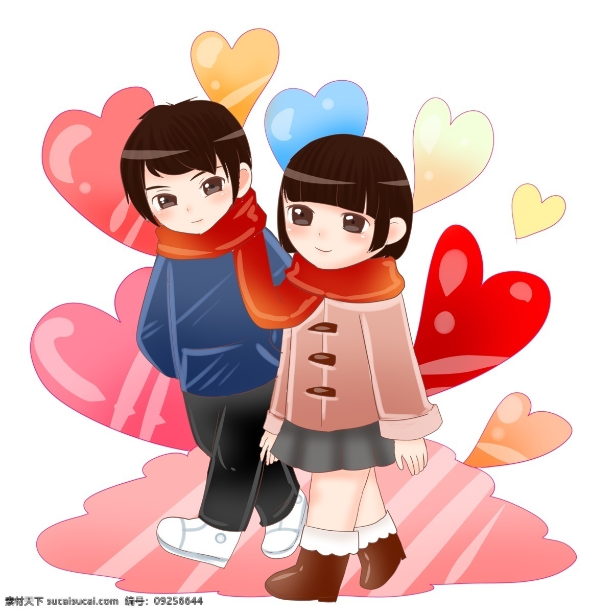 情人节 一起 系 同一 条 围巾 可爱 浪漫 情侣 女孩 温馨 爱心满天飞 散步 温暖 同一条围巾 男孩 彼此相爱 大衣