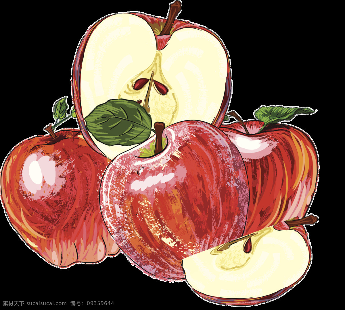 手绘 苹果 果实 切面 透明 装饰 果核 红色 绿叶 免扣素材 水果 透明素材 装饰图片