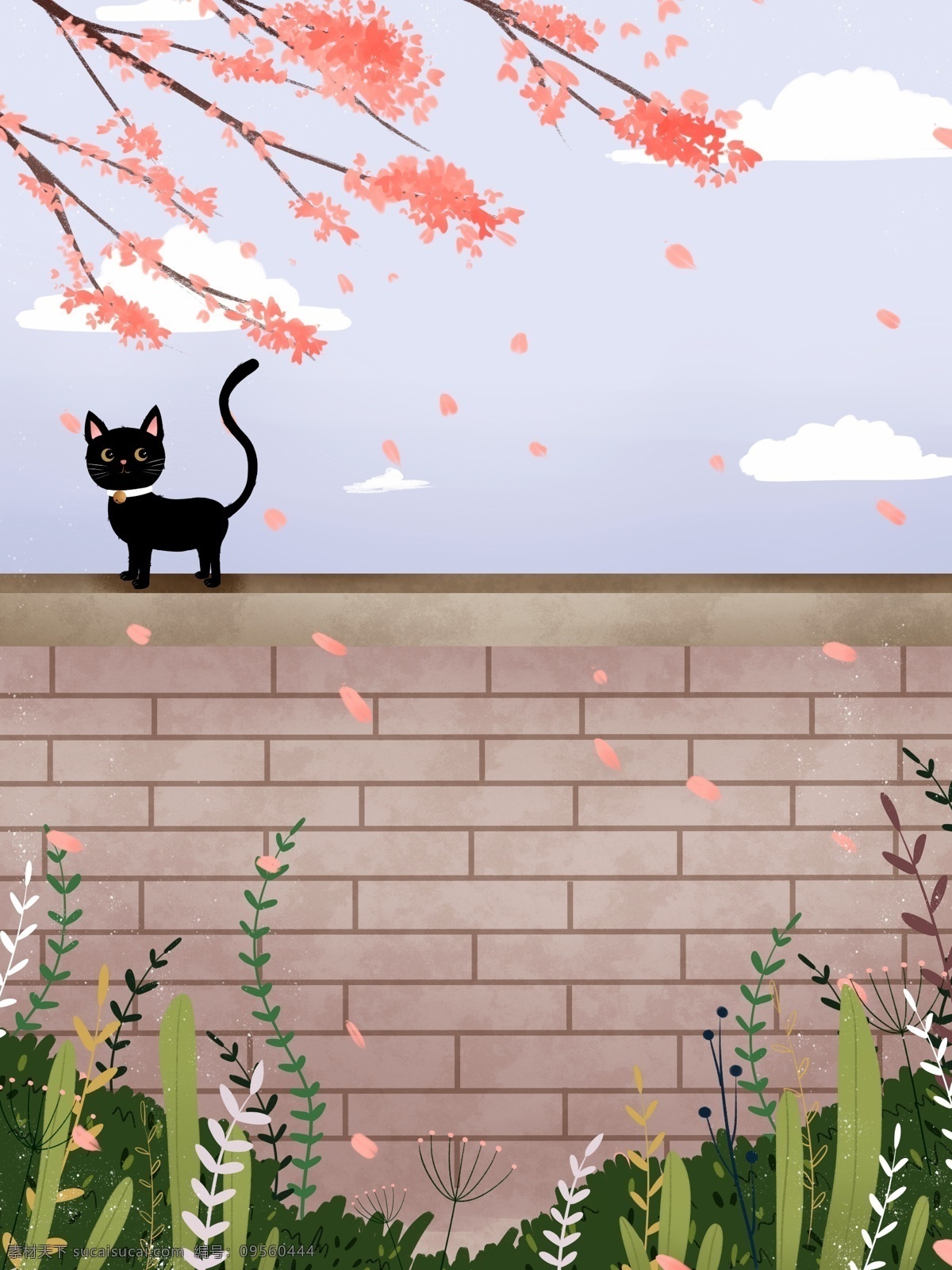 围墙 上 黑猫 背景 花瓣 背景图 创意 清新背景 花枝 草丛 猫咪 广告背景 手绘背景 psd背景 促销背景 背景展板图