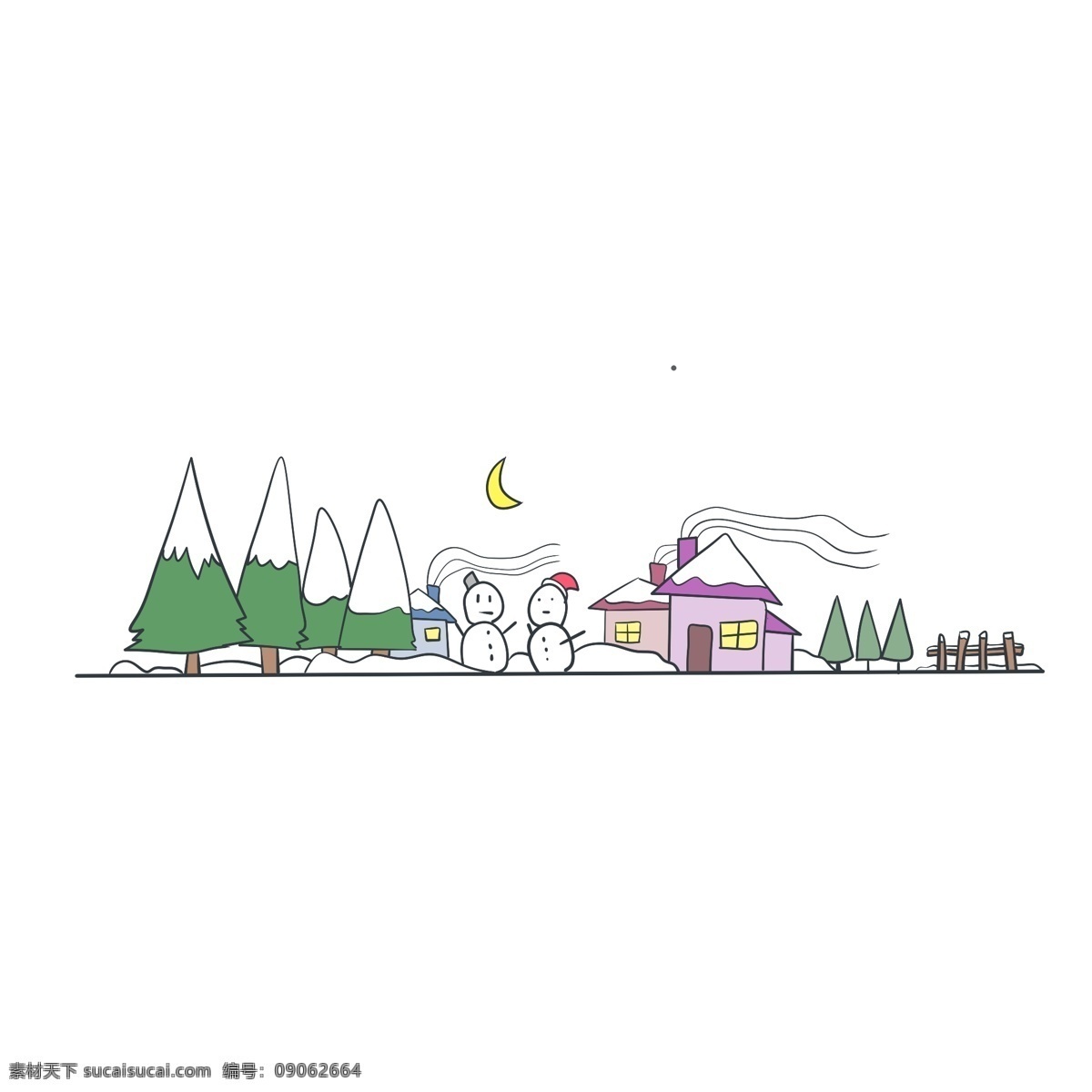 漂亮 地面 装饰 插画 漂亮的地面 白色的雪人 黄色的月亮 绿色的树木 紫色的房屋 植物装饰 卡通人物