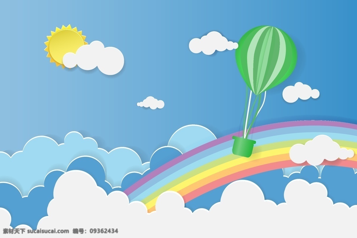 剪纸 风格 气球 剪纸风格气球 天空 淡彩 促销背景 背景 云 热气球 节日 生日