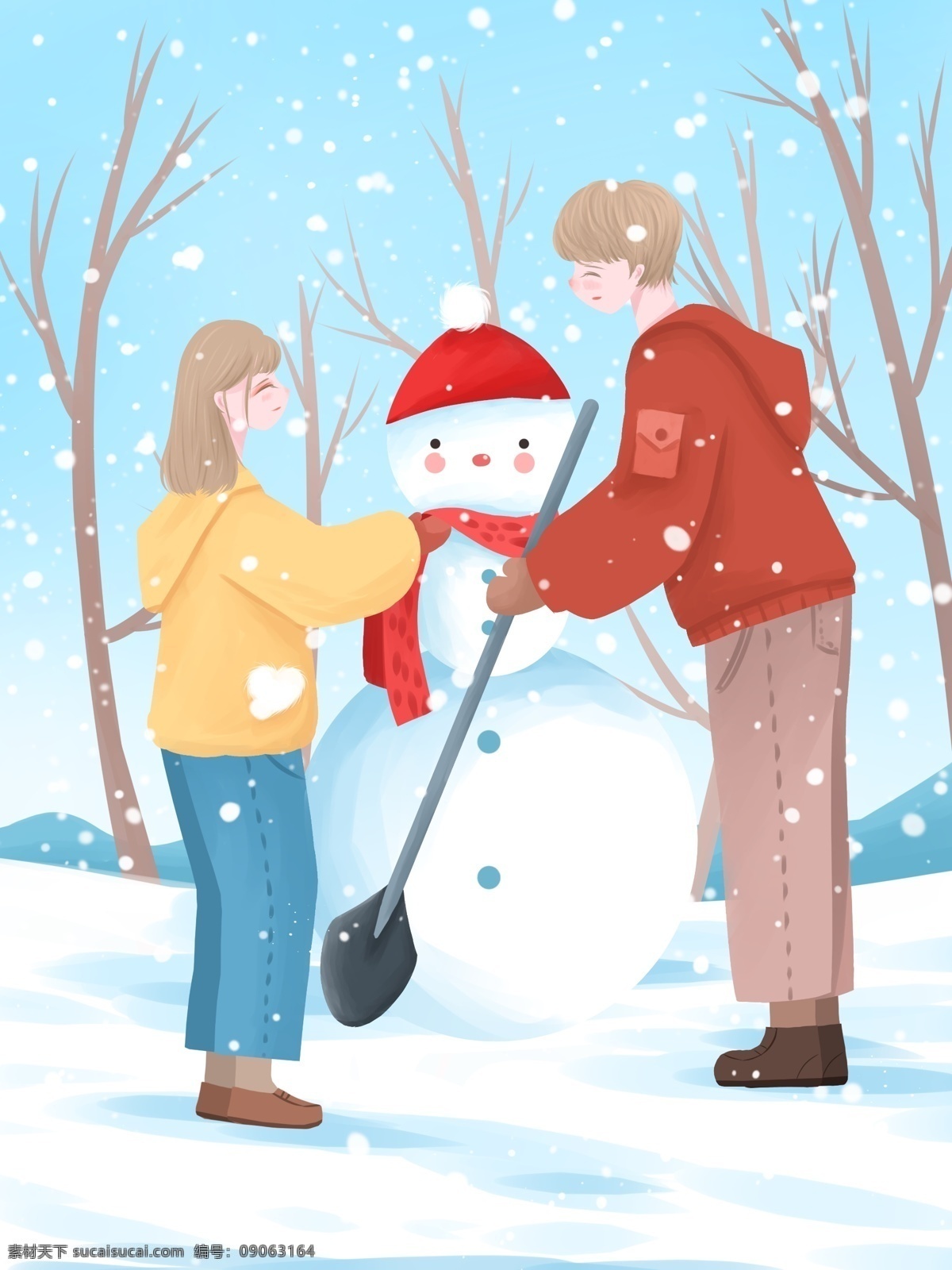 情侣 冬季 日常 清新 唯美 插画 堆 雪人 壁纸 雪地 雪景 树林 男孩 女孩 日签