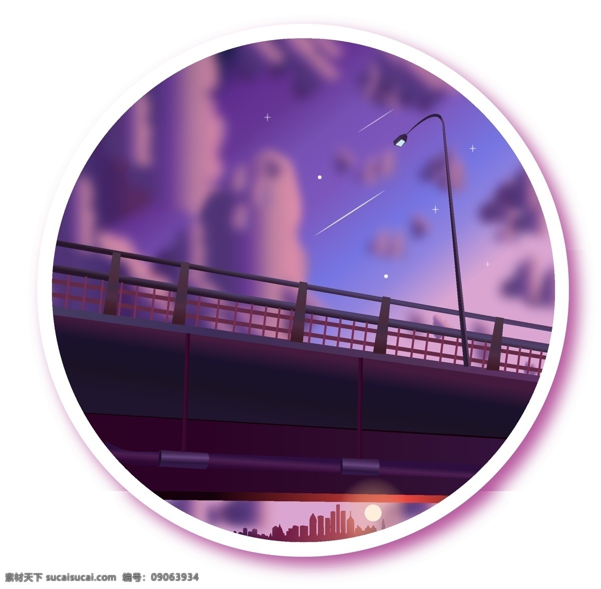 简约 时尚 城市 星空 桥梁 路灯 风景 插画 元素 风景插画 矢量插画