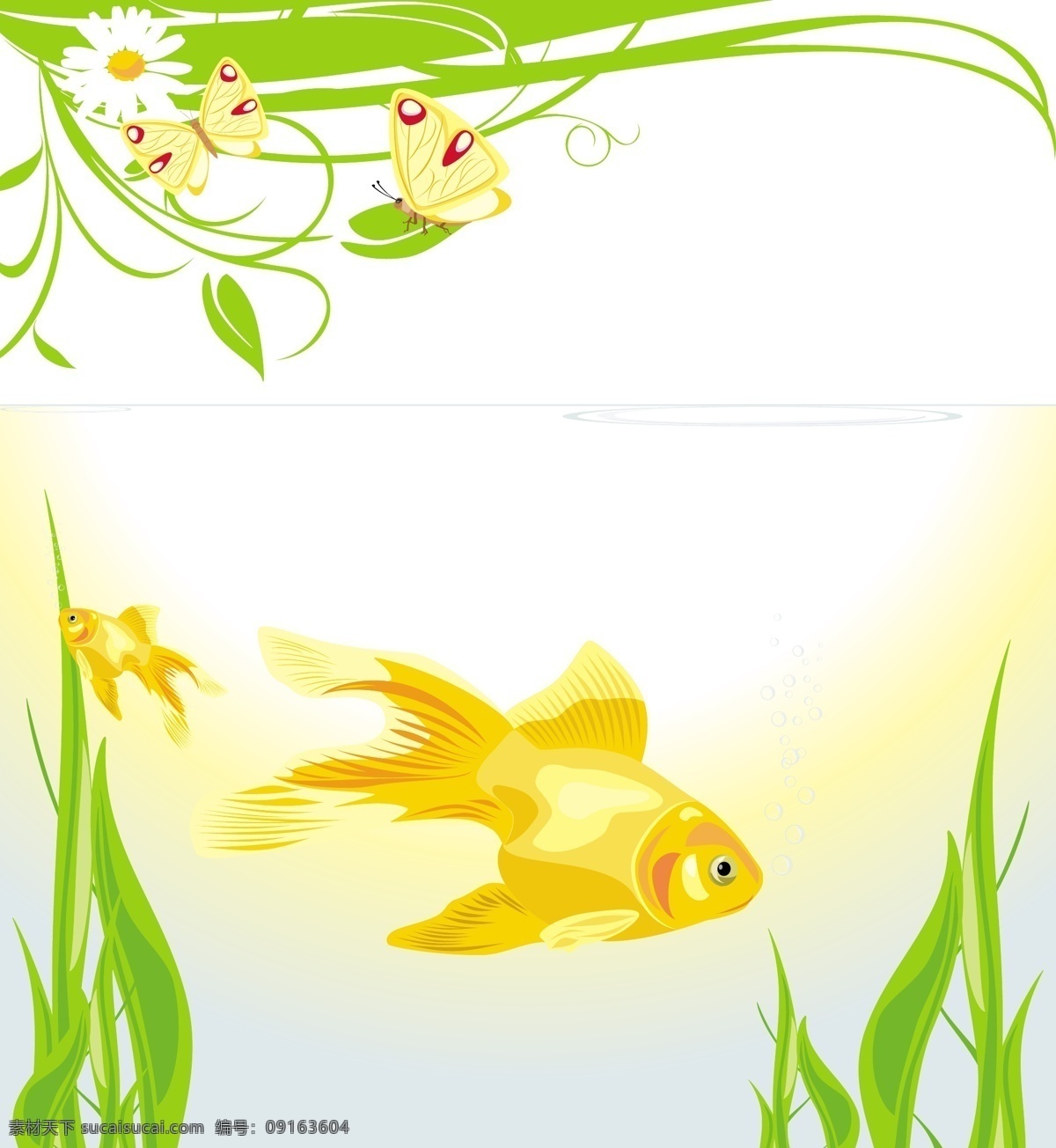 金鱼 水泡 背景 鹅卵石 海草 蝴蝶 矢量素材 鱼类 矢量图 其他矢量图