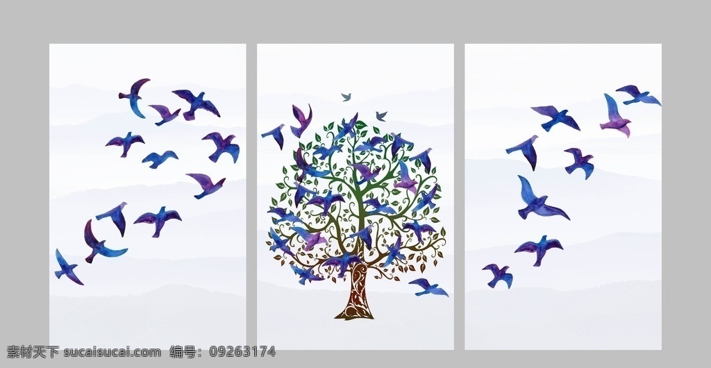 蓝色小鸟 三联画 北欧蓝色 树 风景三联画 风景画 飞翔小鸟 简约画 美术 绘画 客厅装饰画 小鸟三联画 餐厅画 墙画 挂画 三条屏 无框画 简欧无框画 室内广告设计