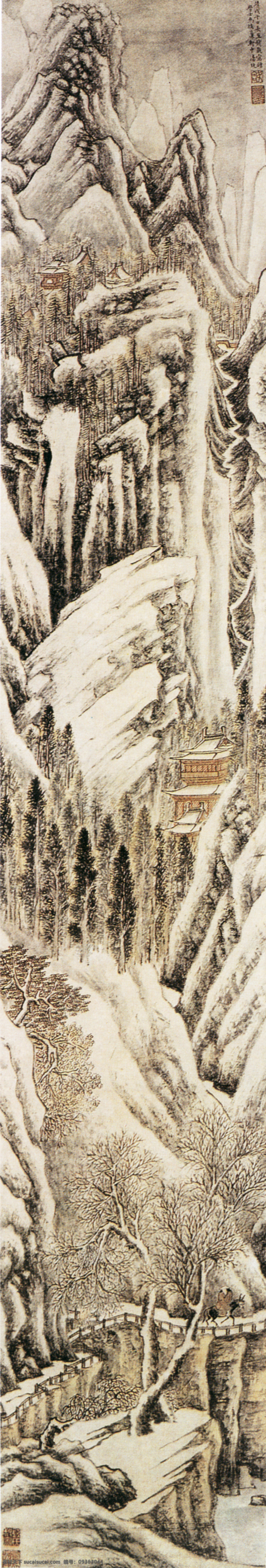 山水 名画 书画 雪山 策 骞 图 古画 山水画 书画真迹 中国水墨画 雪山策骞图 名家钱毂 文化艺术