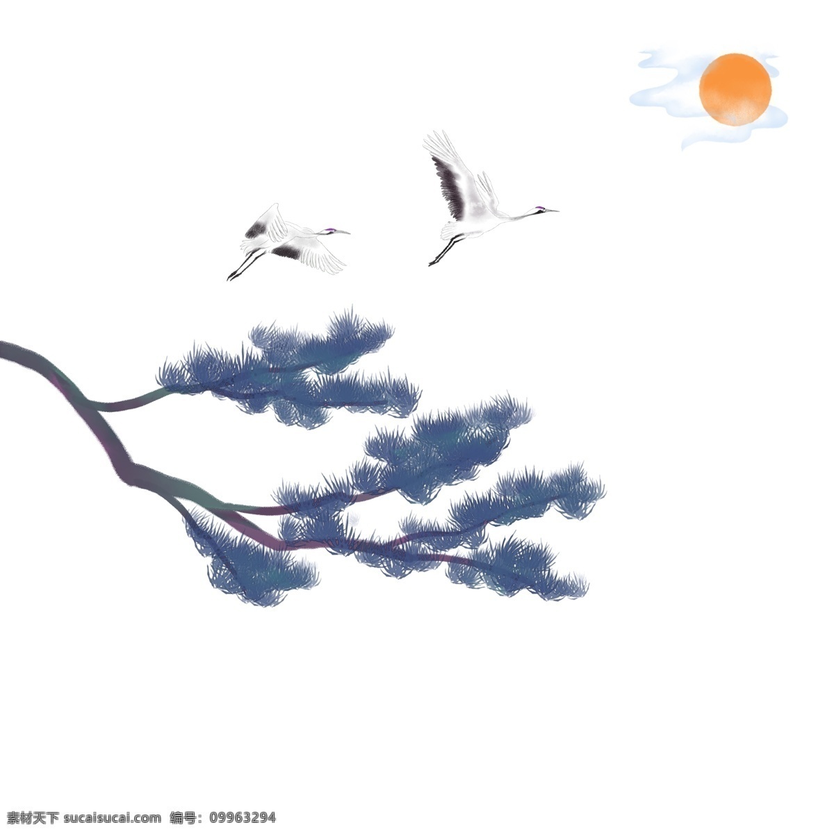 卡通 手绘 中国 风 松树 仙鹤 卡通手绘 中国风 水墨 小清新 唯美 意境 非常漂亮的 展翅 飞翔