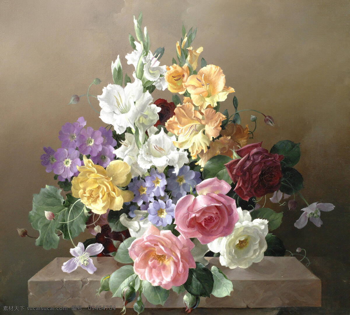 哈罗德 克莱顿 作品 英国画家 混搭鲜花 玫瑰 蜀葵 石台 20世纪油画 油画 文化艺术 绘画书法