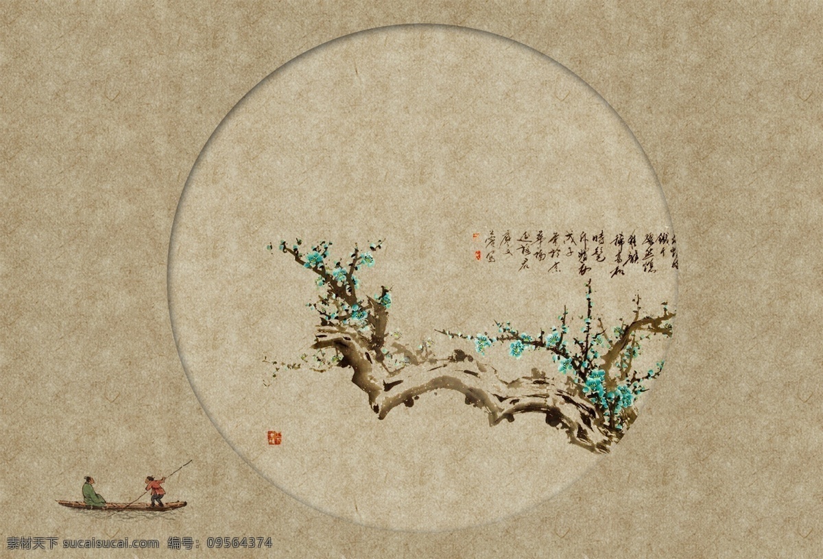 中国风素材 中国风 古风素材 相册背景 工笔画 小船 树木 分层