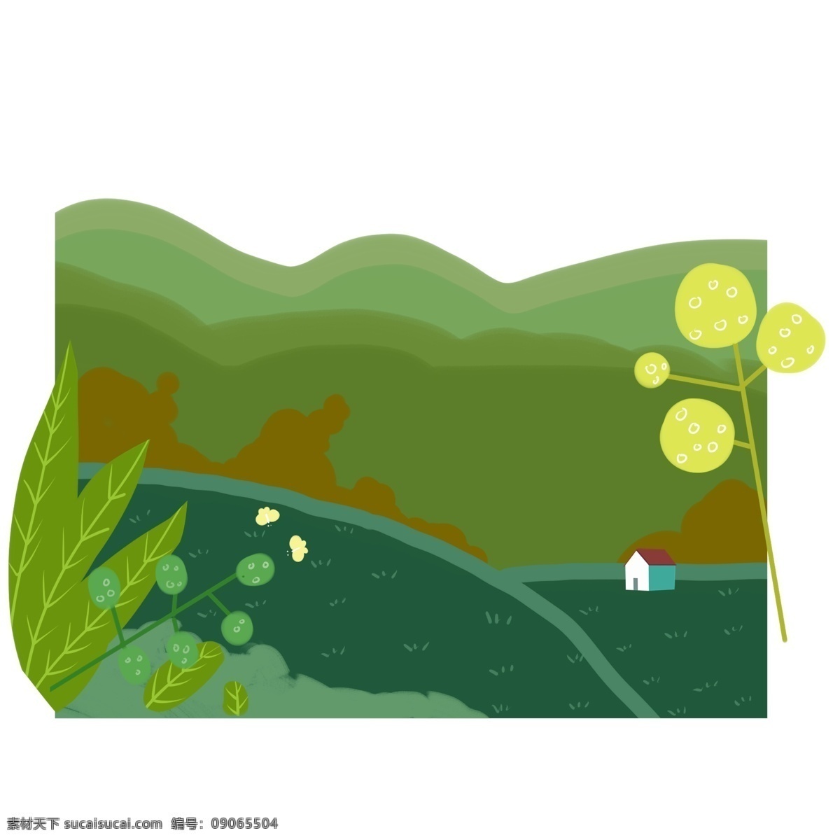 春分 风景 手绘 插画 春分风景 漂亮的风景 黄色的树木 红色的房屋 手绘风景 绿色的叶子 植物装饰
