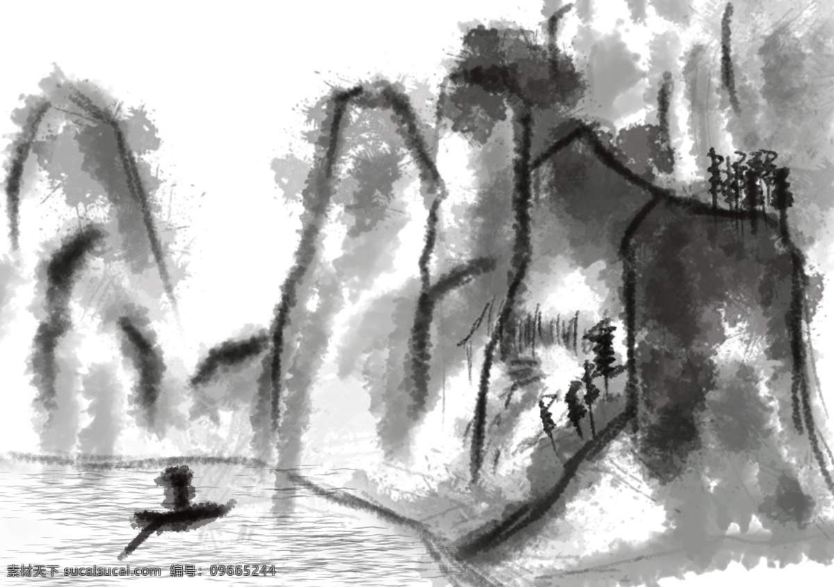 水墨 山水画 手绘 水墨山水画 板绘手绘 黑白色 手绘山水 古风手绘 水墨画 水墨成像手绘