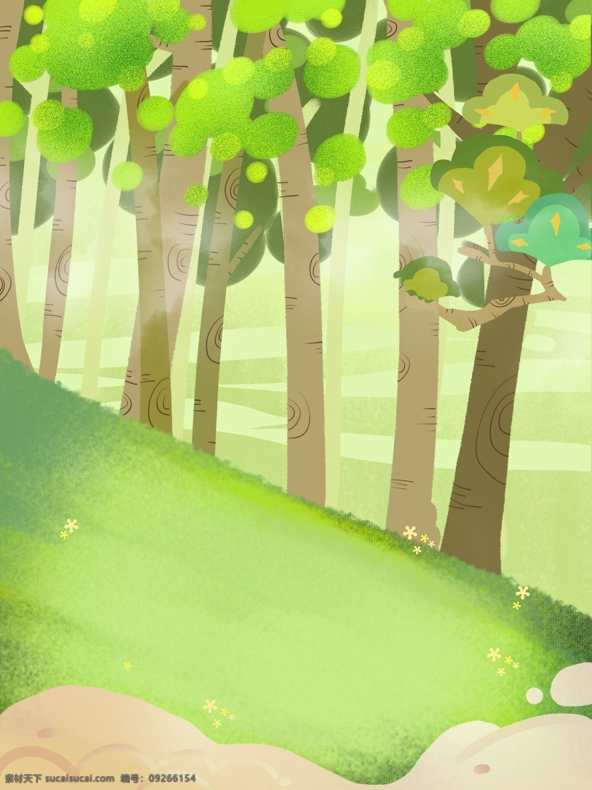 春天 小 清新 树林 背景 树木 草地 卡通 彩色 创意 装饰 设计背景 海报背景 简约 图案