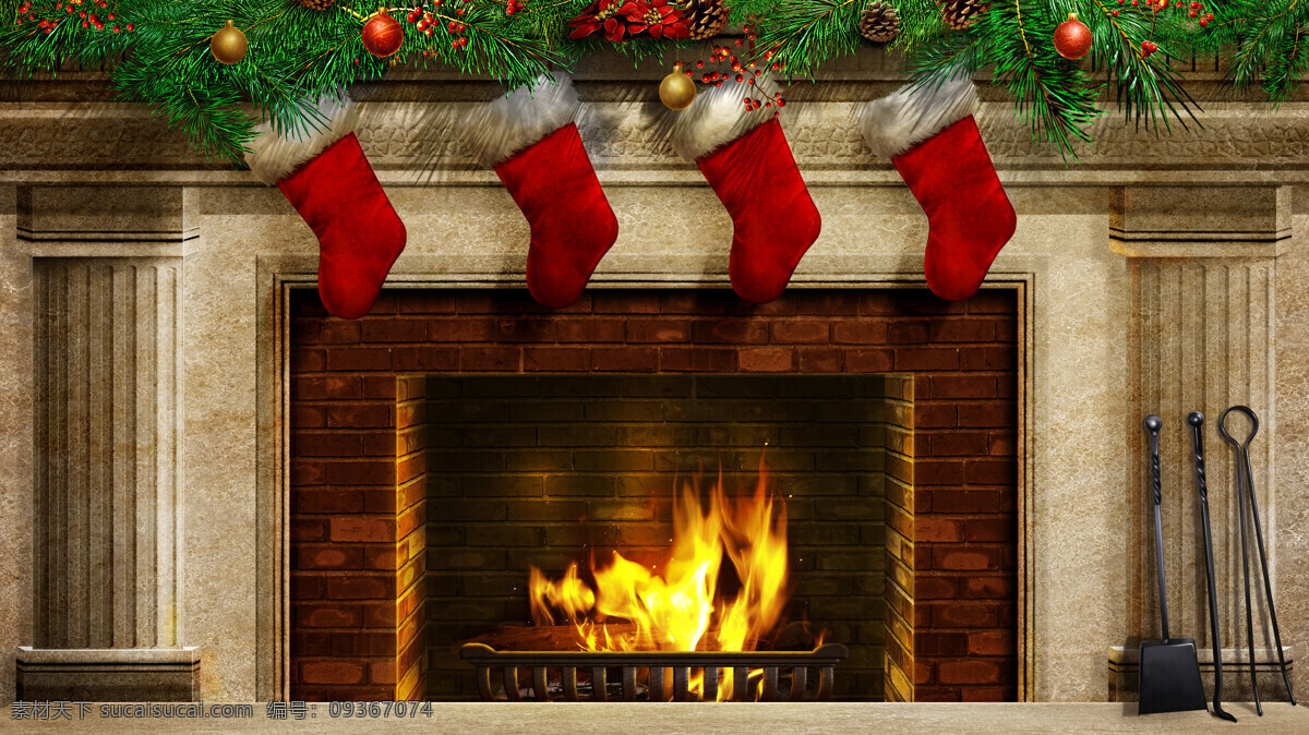 圣诞节 壁炉 火焰 靴子 棉靴 松枝 松树 喜庆 欢庆 温馨 彩蛋 新年 树枝 礼物 节日素材 节日庆祝 文化艺术