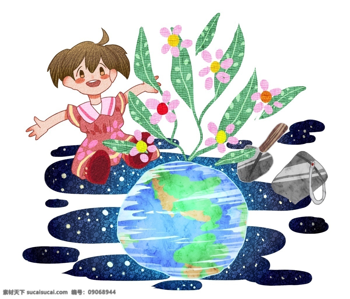 世界 地球日 保护 地球 世界地球日 保护地球 保护环境 绿色地球 绿色森林 绿色环境 小女孩 卡通 花 植物 宇宙