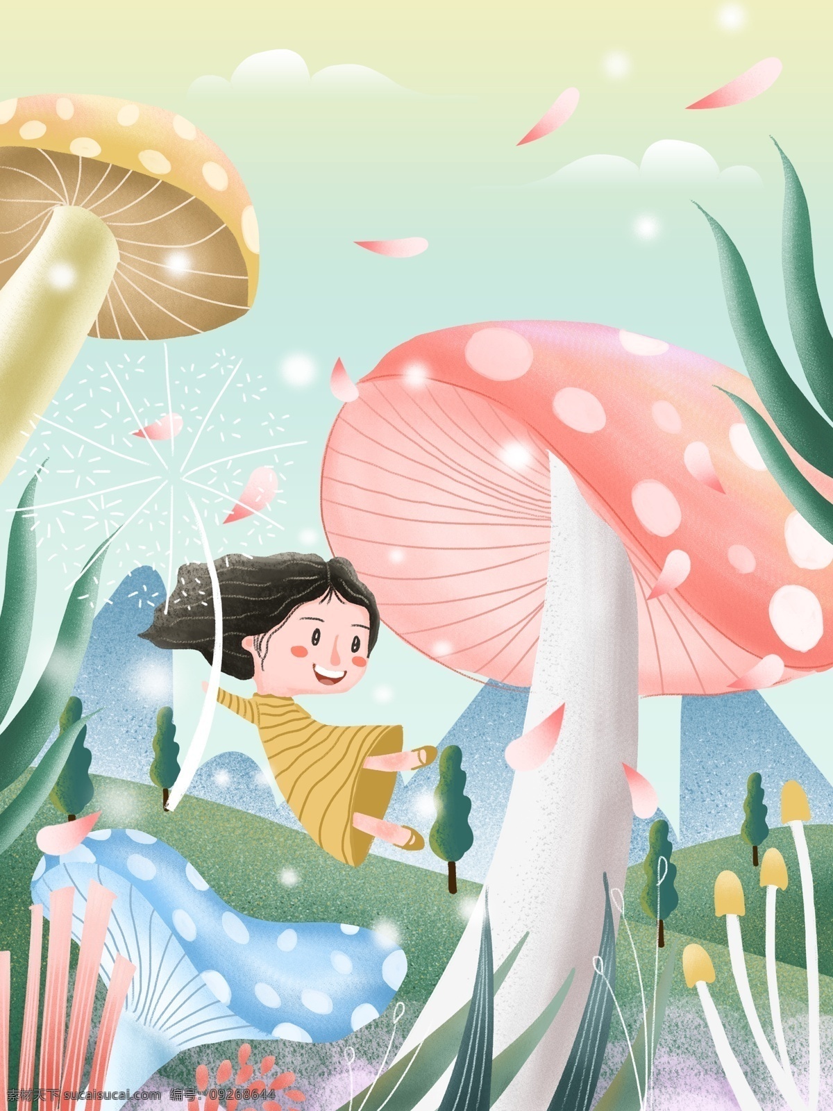 唯美 梦幻 风 你好 春天 插画 梦幻风 你好春天 春天插画 春季 小女孩 卡通