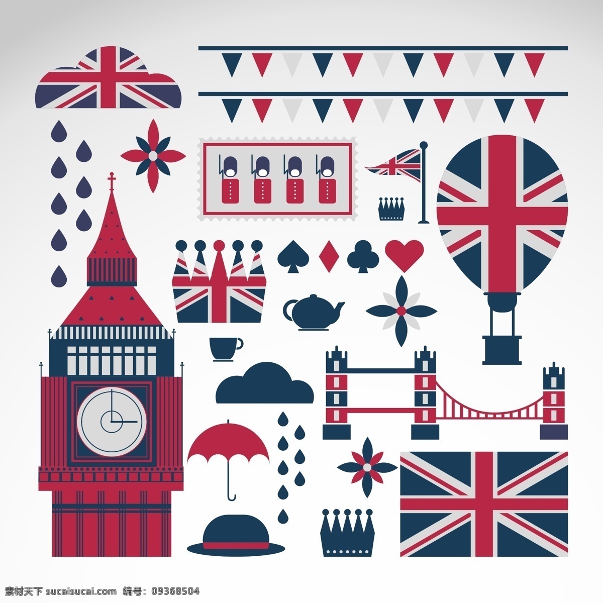 伦敦 英国 国旗 云 士兵 电话亭 茶壶 皇冠 热气球 矢量设计 矢量
