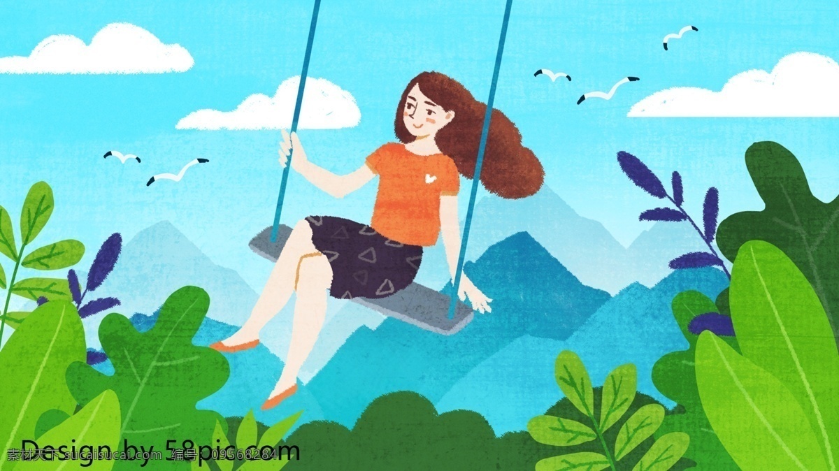 你好 月 荡秋千 女孩 原创 手绘 插画 蓝天白云 户外 唯美 清新 你好9月 九月 你好系列 月签 鸟 绿色植物 原创手绘 配图