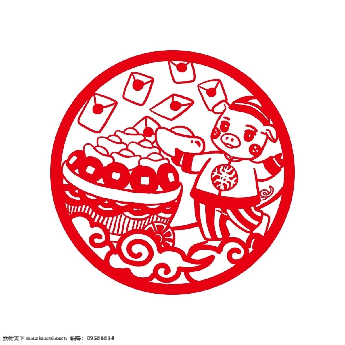 猪年 发财 红包 雨 新年 剪纸 福气 大年行大运 红色 祥纹 花纹 传统服饰 福字 冬天 小猪送财 祥云