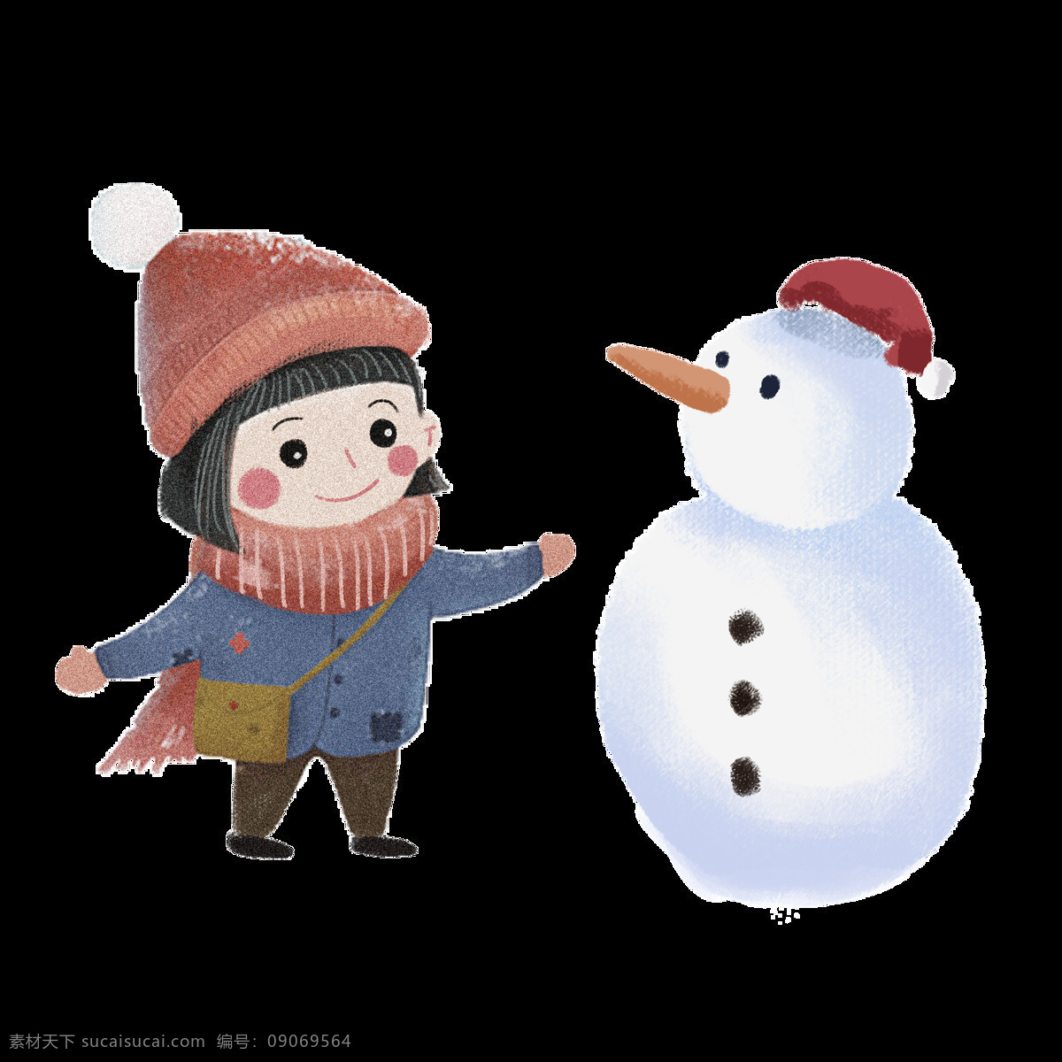 圣诞节 堆 雪人 女孩 复古 肌理 清新 插画 人物 圣诞 圣诞帽