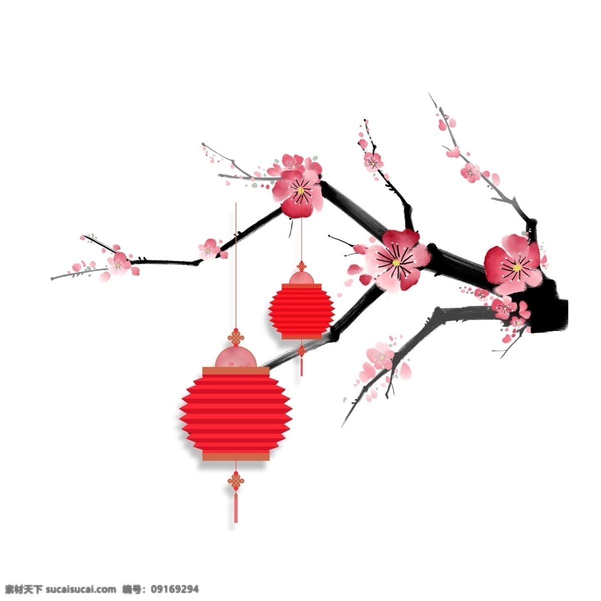 简约 中国 风 花枝 灯笼 新年 元素 红色 喜庆 中国风 设计元素 手绘 元素装饰 手绘元素 psd元素