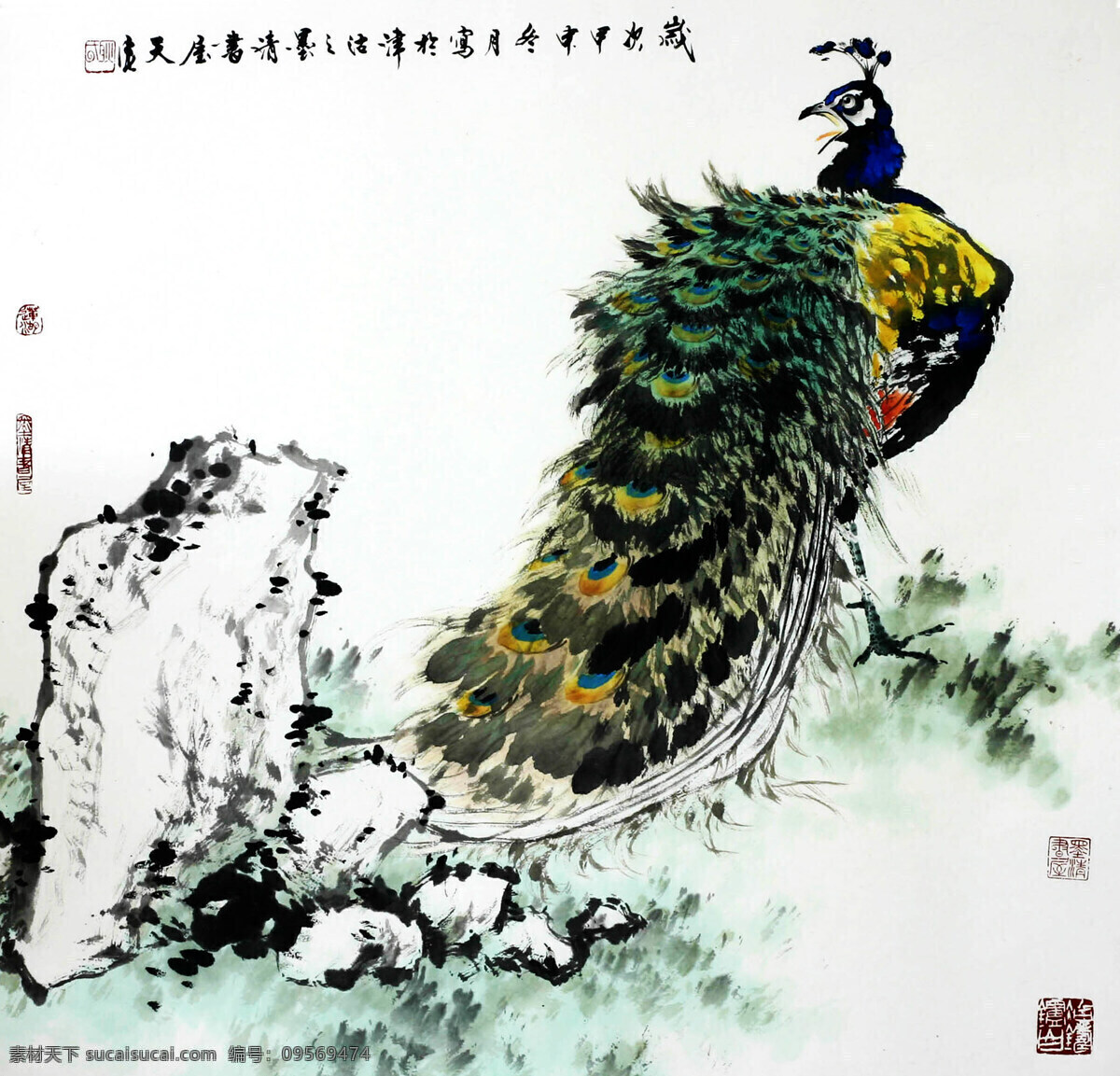 动物 国画艺术 画 绘画书法 孔雀 鸟类 石头 孔雀设计素材 孔雀模板下载 中国画 水墨画 动物画 现代国画 美丽羽毛 野草 书法 印章 国画集4 文化艺术 装饰素材 雕刻 图案