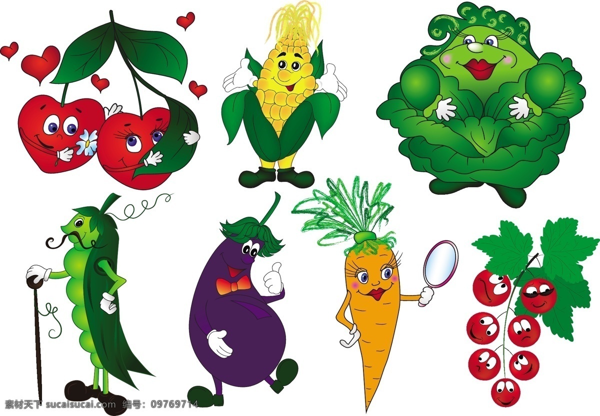 卡通 蔬果 矢量 包菜 菠萝 胡萝卜 奇异果 茄子 蔬菜 水果 香蕉 樱桃 玉米 矢量图 其他矢量图