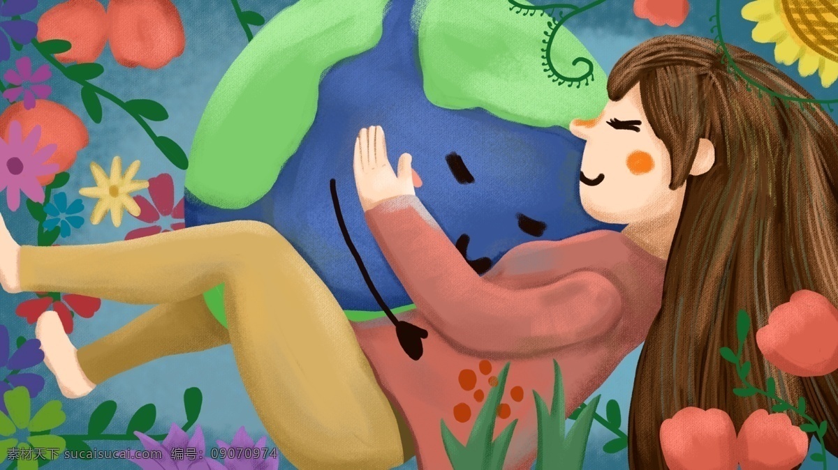 原创 插画 地球日 爱护 地球 小女孩 植物 配图 文章配图 微博配图 壁纸 元素