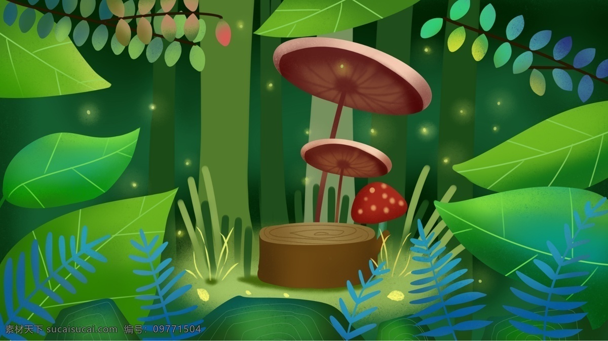 可爱 童话 治愈 森林 广告 背景 广告背景 蘑菇 大树 清新 夜晚 萤火虫 绿化